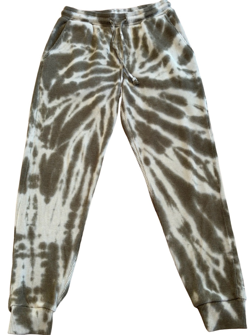 Olive Sage Green and Cream Tie Dye Cozy Waffle Joggers by Kismet - Size Small